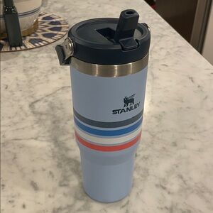 Stanley Light Blue Tumbler with Navy Lid and Multicolor Stripes 30oz